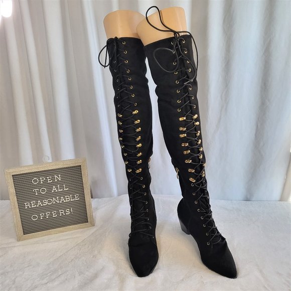 So Me Shoes - So Me Black Over The Knee Lace Up Block Heel Boots